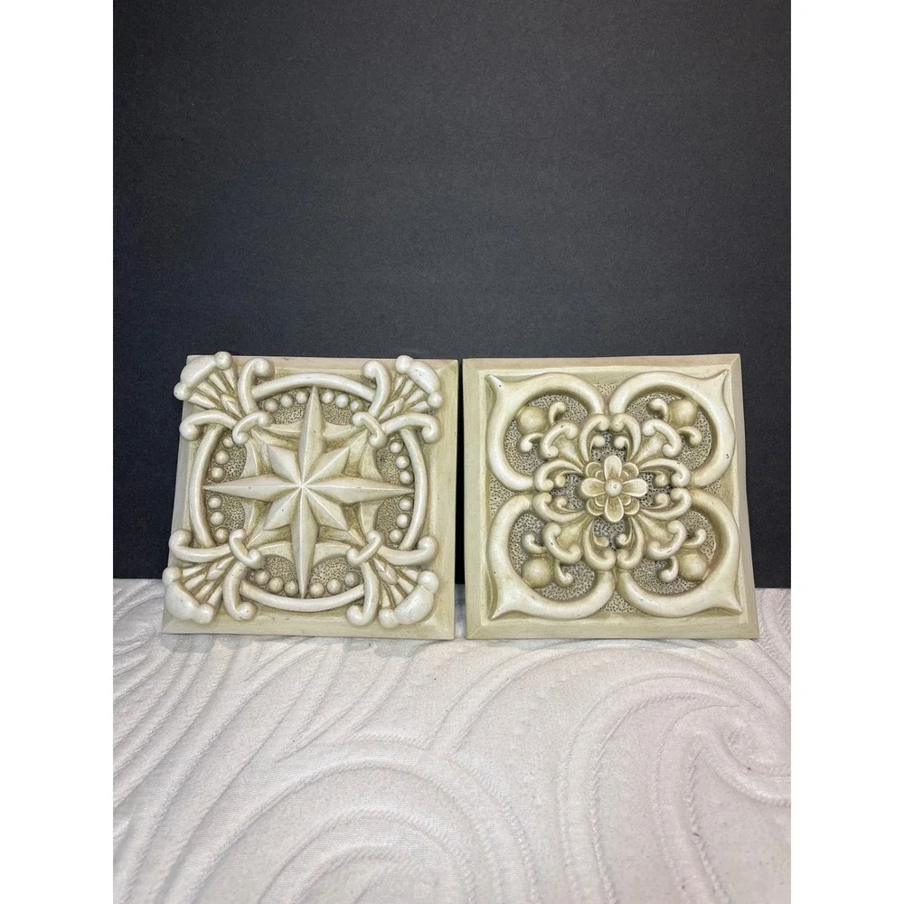 Garden Gate Designs Set of 2 Cream Architectural Relief Star Floral Wall Plaques